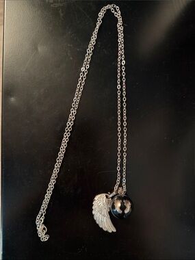 Silver Wing Pendant Necklace with Black Globe Charm - Women's Jewelry